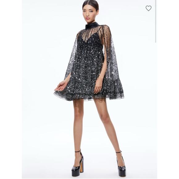 Alice + Olivia Zenon Embellished Tie-Neck Cape Mini Dress - Picture 1 of 8